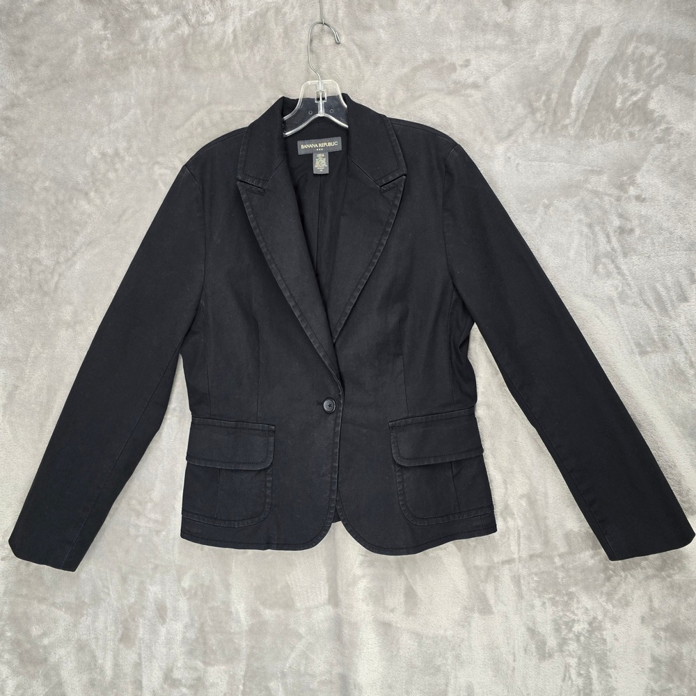 Banana Republic Blazer Jacket Women 14 Black Cotton Blend Single Button Minimal